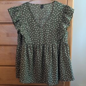 SHEIN Olive Ruffle Sleeve Blouse
